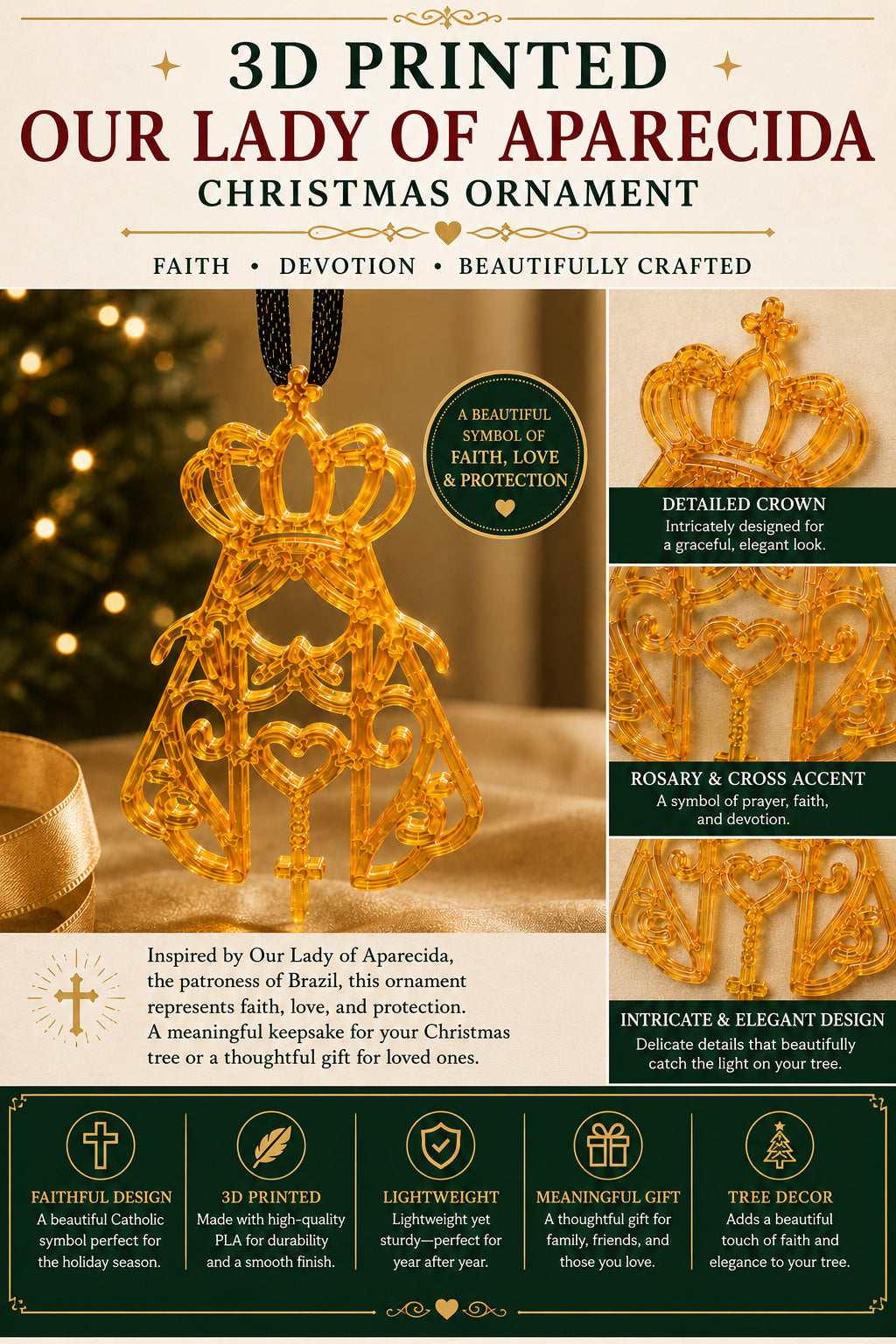 3D Printed Our Lady of Aparecida Christmas Ornament - 3D printed holiday-christmas by TX3D Printing Co.