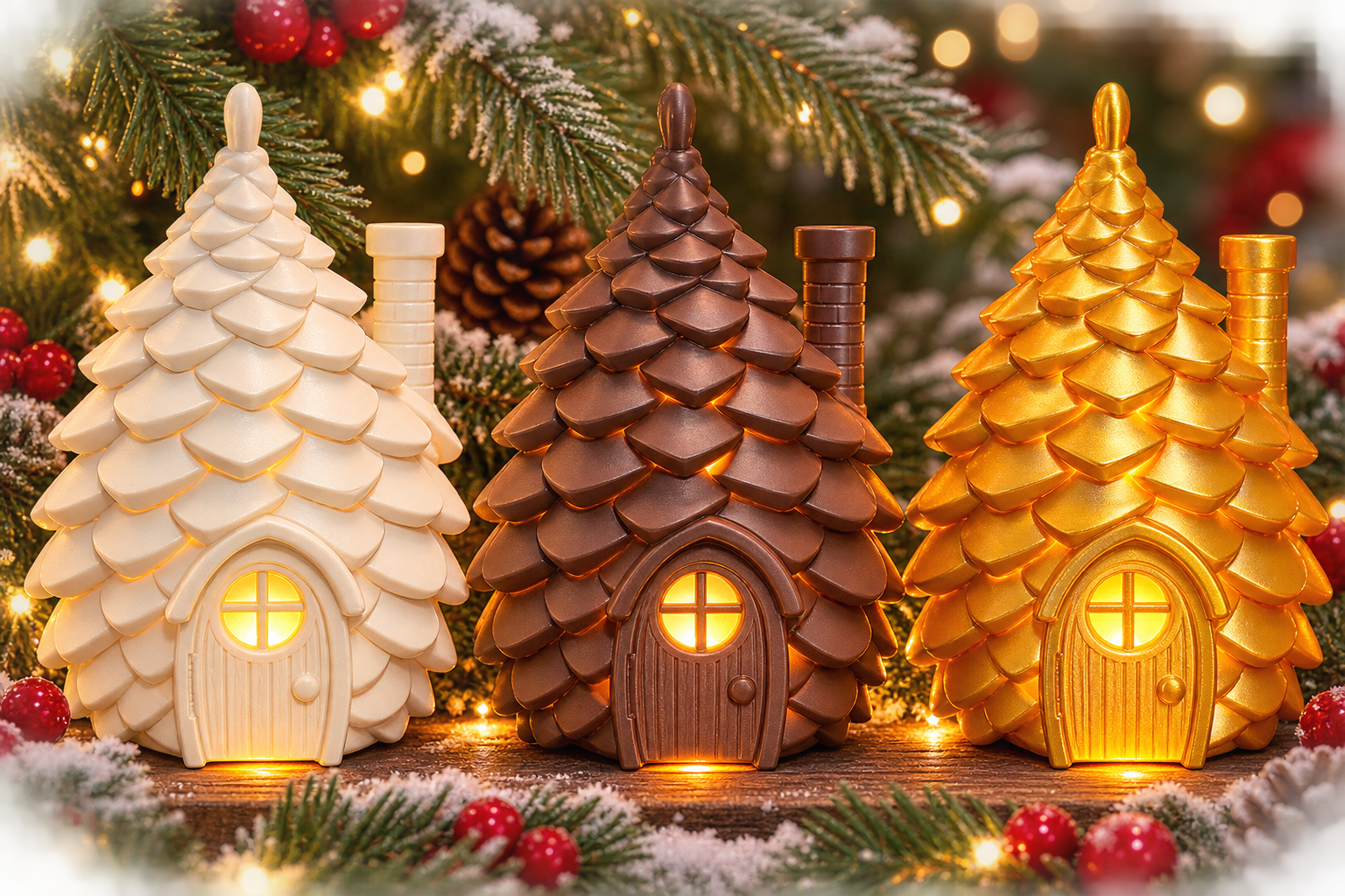 3D-Printed Cozy Pine Cone Cottage Ornament with LED Tealight - 3D printed holiday-christmas by TX3D Printing Co.