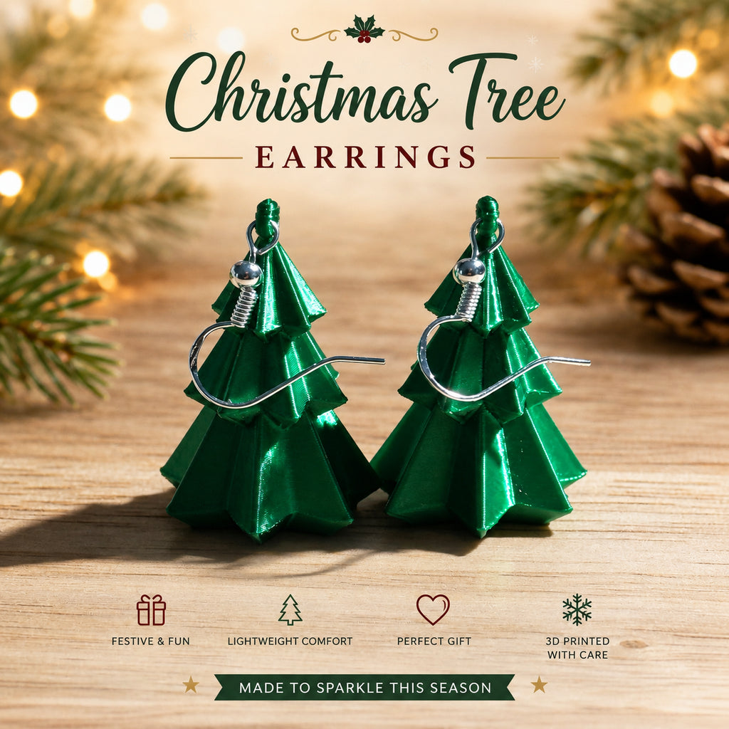 Christmas Tree Earrings | Metalic - 3D printed holiday-christmas by TX3D Printing Co.