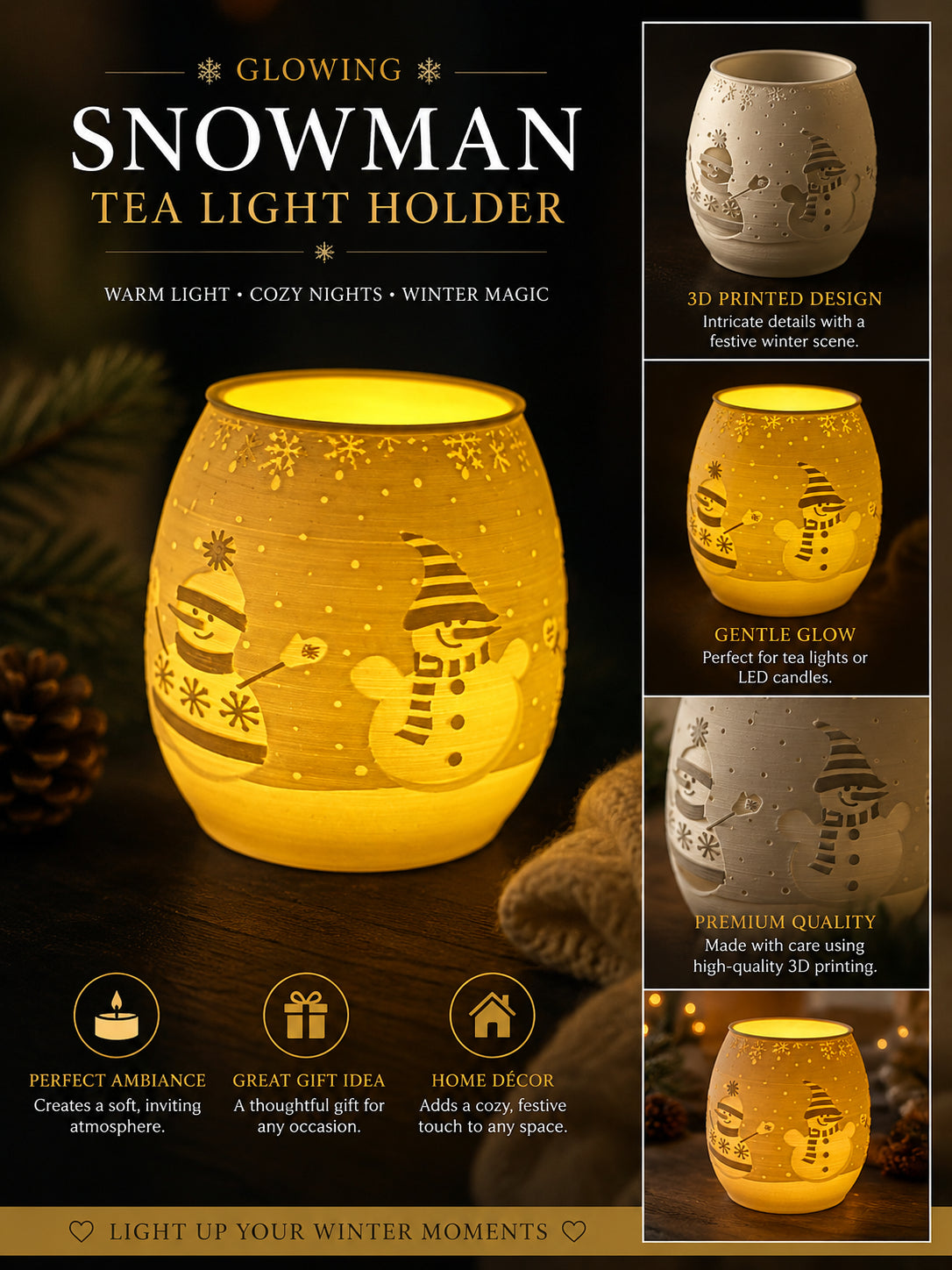 3D Printed Glowing Snowman Tea Light Holder - 3D printed holiday-christmas by TX3D Printing Co.