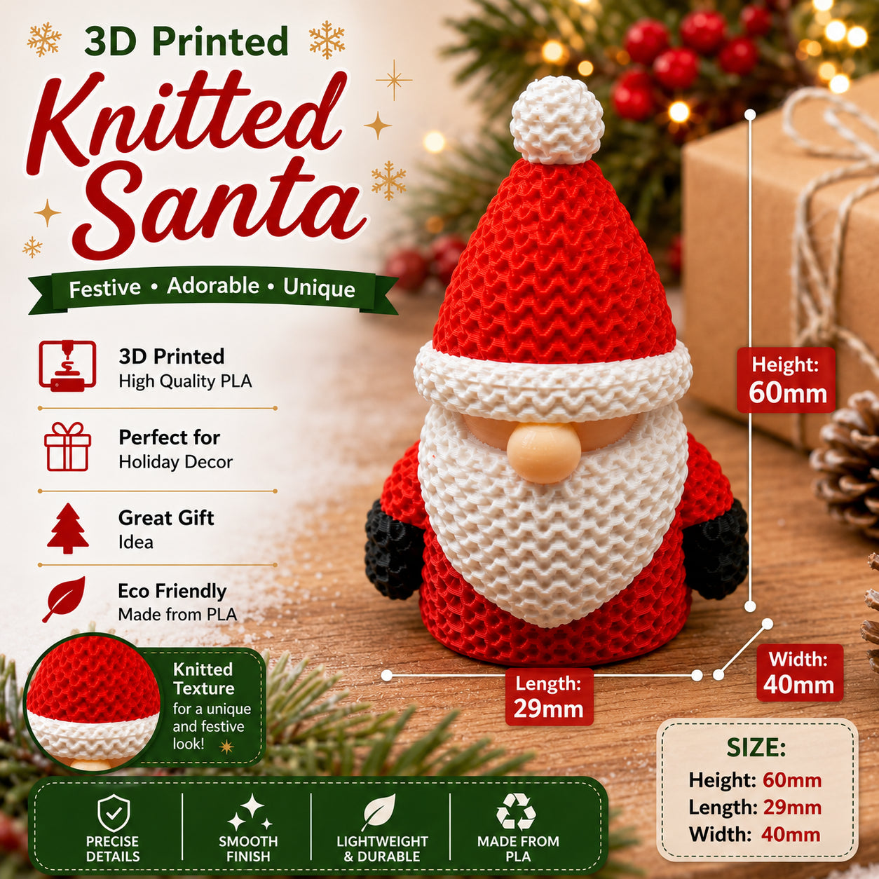 3D Printed Knitted Santa Gnome - 3D printed holiday-christmas by TX3D Printing Co.