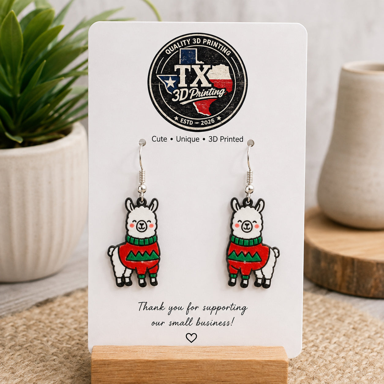 3D Printed Christmas Llama Earrings - 3D printed holiday-christmas by TX3D Printing Co.