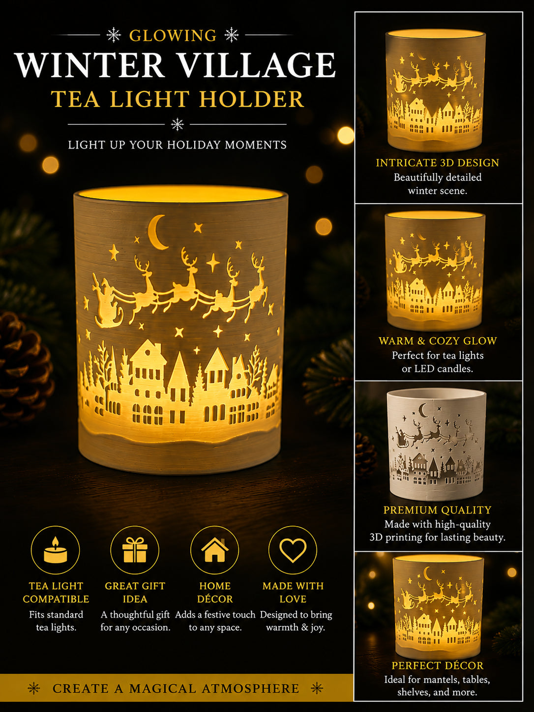 3D Printed Glowing Winter Village Tea Light Holder - 3D printed holiday-christmas by TX3D Printing Co.