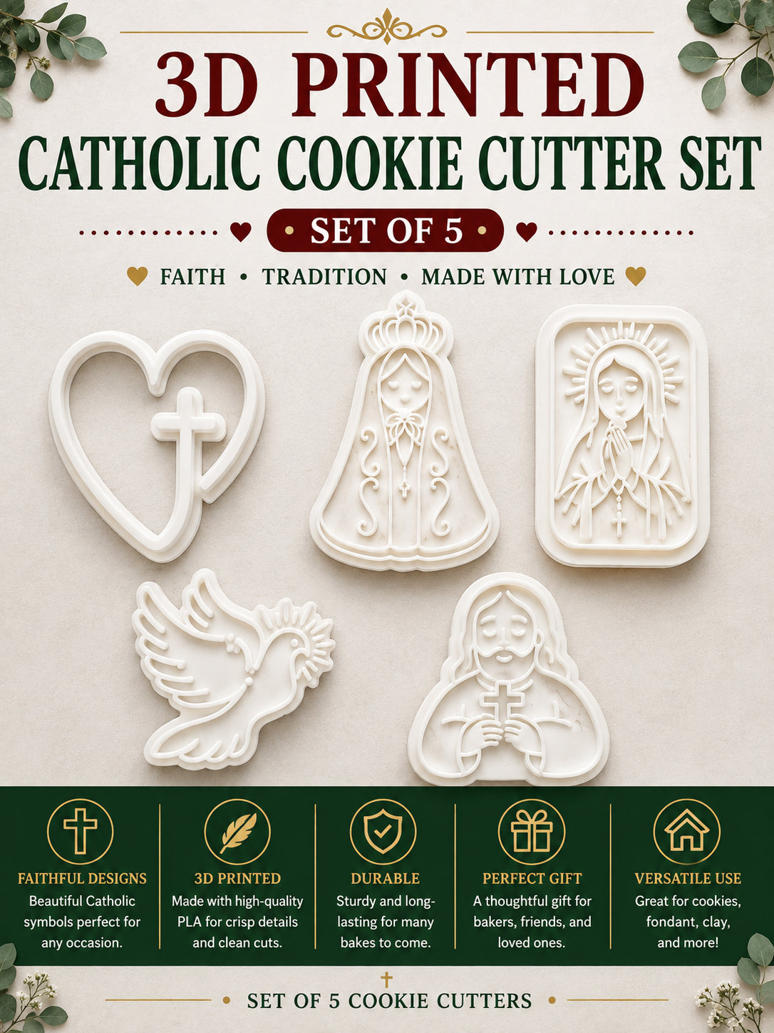 5-Piece 3D Printed Catholic Cookie Cutter Set - 3D printed religious by TX3D Printing Co.