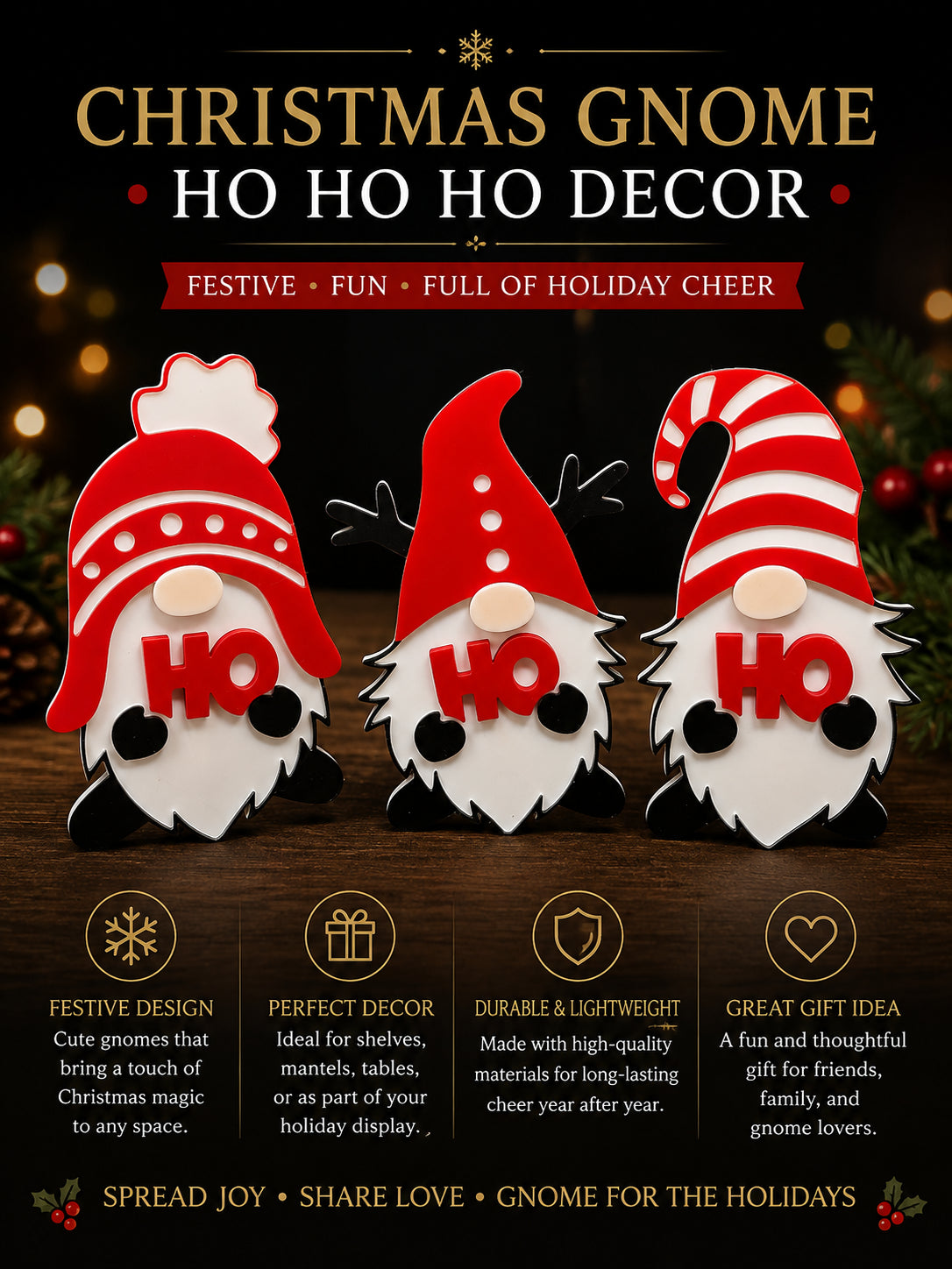 3D Printed Christmas Gnome “HO HO HO” Décor - 3D printed holiday-christmas by TX3D Printing Co.